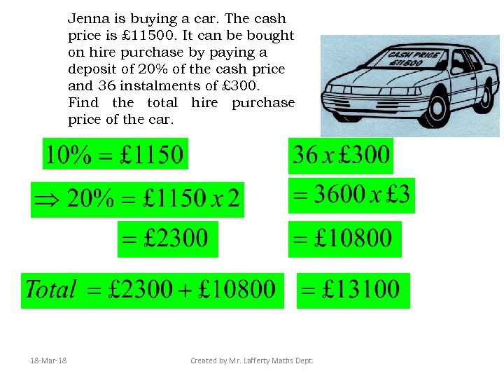 Jenna is buying a car. The cash price is £ 11500. It can be