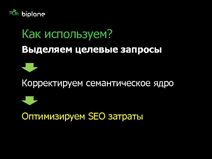 Как используем? Выделяем целевые запросы Корректируем семантическое ядро Оптимизируем SEO затраты 