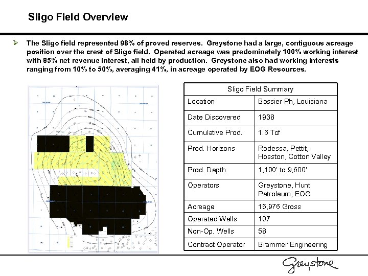 Sligo Field Overview Ø The Sligo field represented 98% of proved reserves. Greystone had