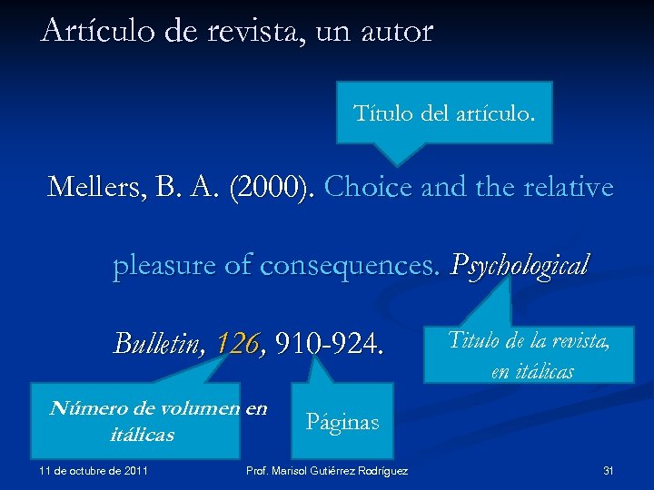 Artículo de revista, un autor Título del artículo. Mellers, B. A. (2000). Choice and