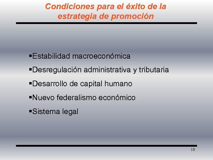 Condiciones para el éxito de la estrategia de promoción §Estabilidad macroeconómica §Desregulación administrativa y