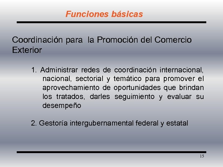 Funciones básicas Coordinación para la Promoción del Comercio Exterior 1. Administrar redes de nacional,