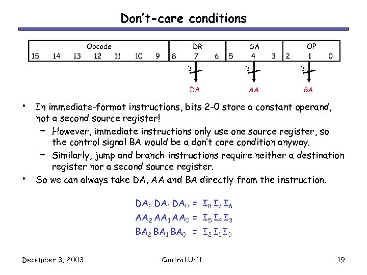 Don’t-care conditions 3 DA • • 3 AA 3 BA In immediate-format instructions, bits