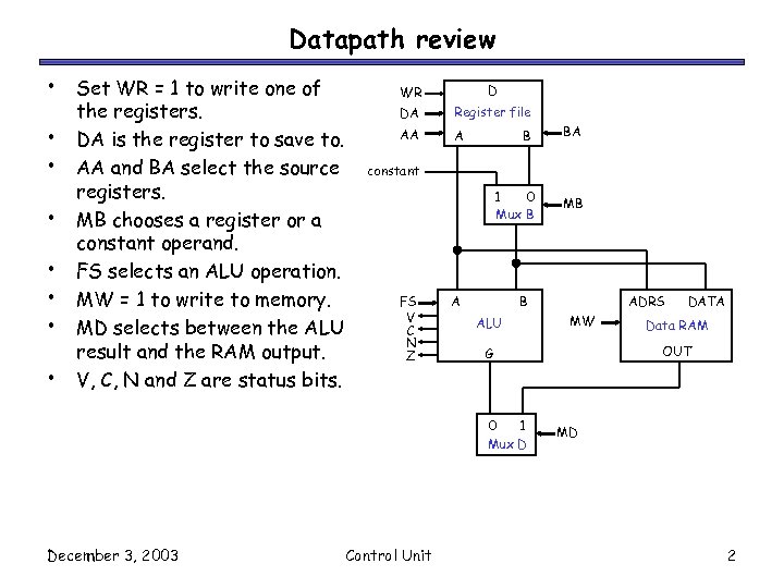 Datapath review • • Set WR = 1 to write one of the registers.