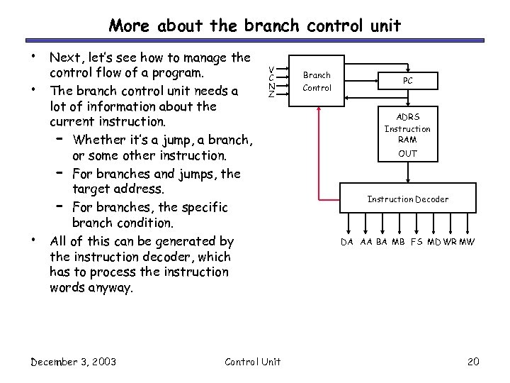 More about the branch control unit • • • Next, let’s see how to