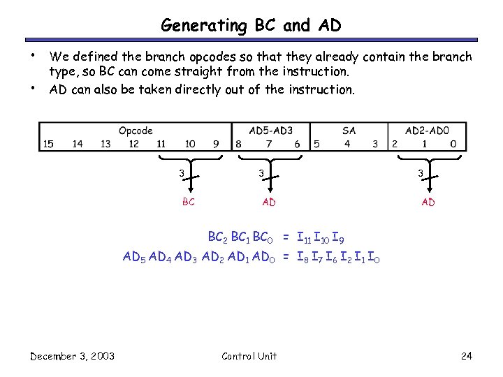 Generating BC and AD • • We defined the branch opcodes so that they