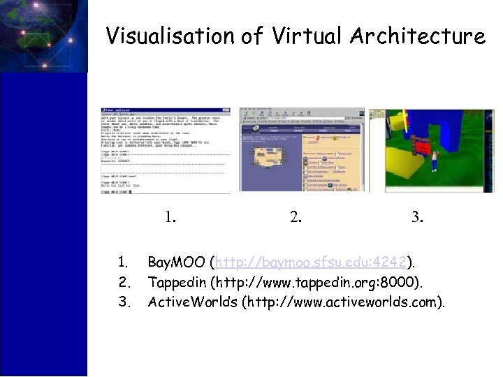 Visualisation of Virtual Architecture 1. 1. 2. 3. 2. 3. Bay. MOO (http: //baymoo.