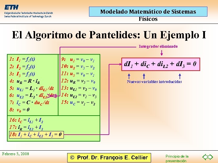 Modelado Matemático de Sistemas Físicos El Algoritmo de Pantelides: Un Ejemplo I Integrador eliminado