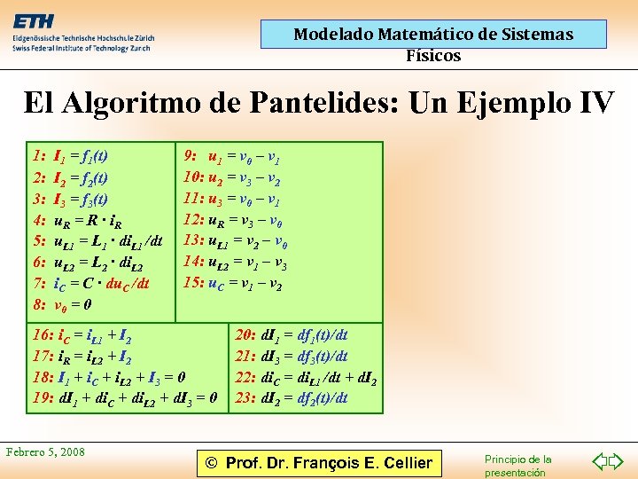 Modelado Matemático de Sistemas Físicos El Algoritmo de Pantelides: Un Ejemplo IV 1: 2: