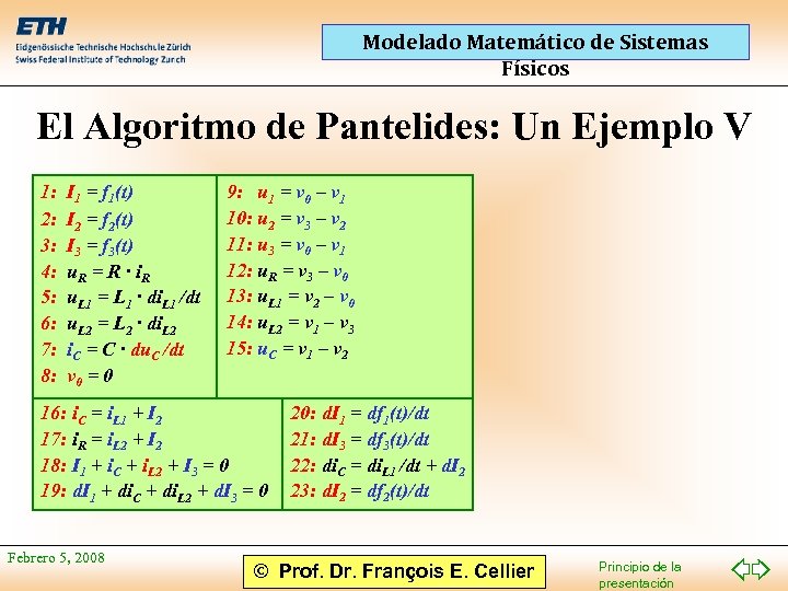 Modelado Matemático de Sistemas Físicos El Algoritmo de Pantelides: Un Ejemplo V 1: 2: