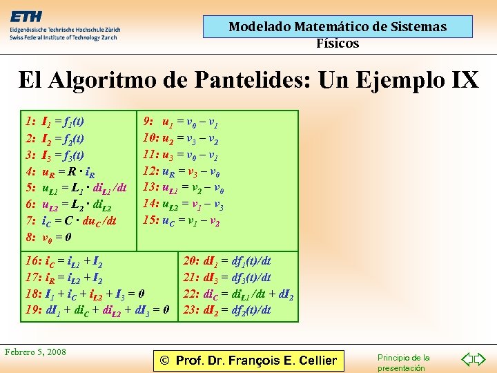Modelado Matemático de Sistemas Físicos El Algoritmo de Pantelides: Un Ejemplo IX 1: 2: