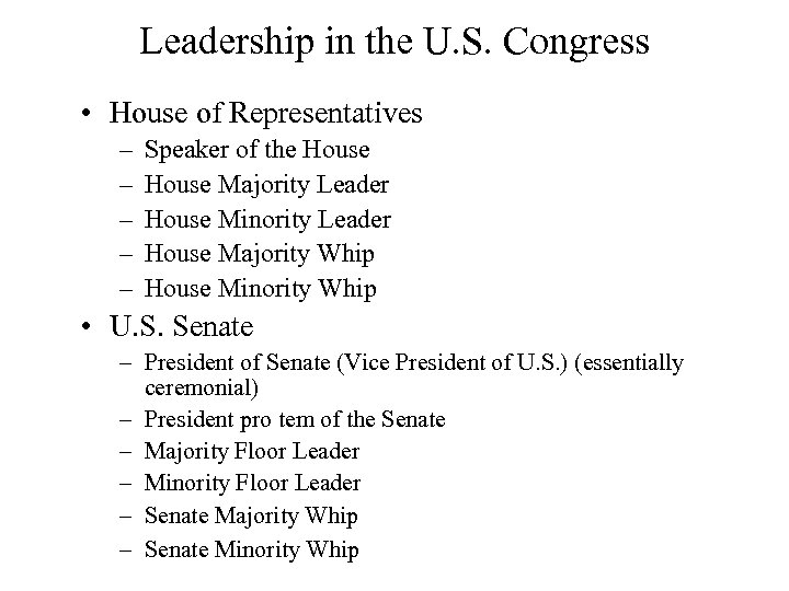 Leadership in the U. S. Congress • House of Representatives – – – Speaker