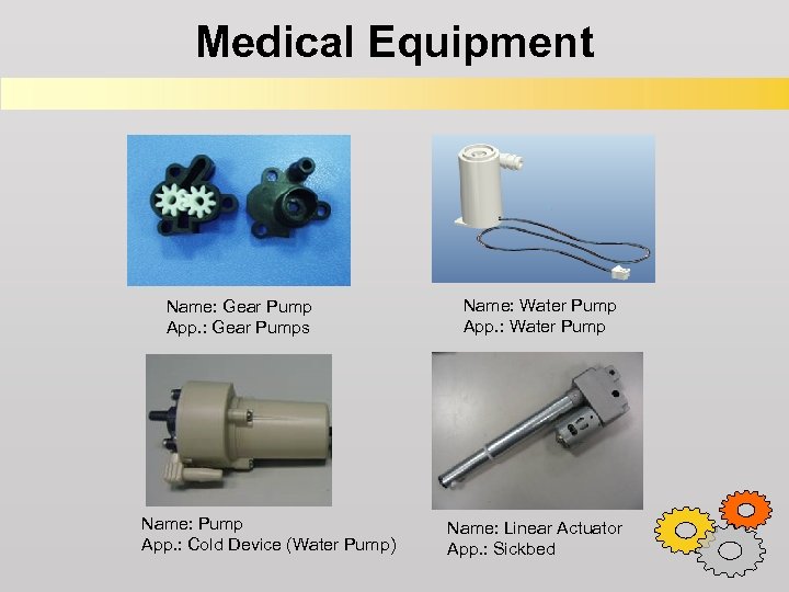 Medical Equipment Name: Gear Pump App. : Gear Pumps Name: Pump App. : Cold