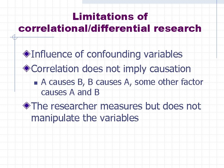 Limitations of correlational/differential research Influence of confounding variables Correlation does not imply causation n