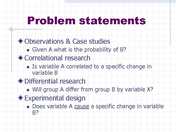 Problem statements Observations & Case studies n Given A what is the probability of