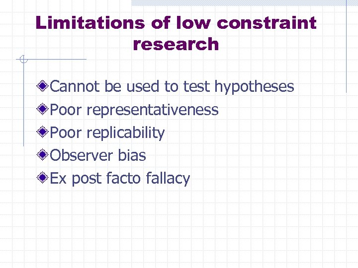 Limitations of low constraint research Cannot be used to test hypotheses Poor representativeness Poor
