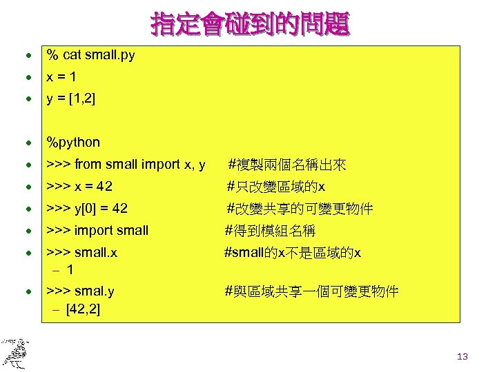 指定會碰到的問題 · % cat small. py · x=1 · y = [1, 2] ·