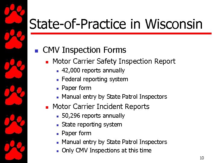 State-of-Practice in Wisconsin n CMV Inspection Forms n Motor Carrier Safety Inspection Report n