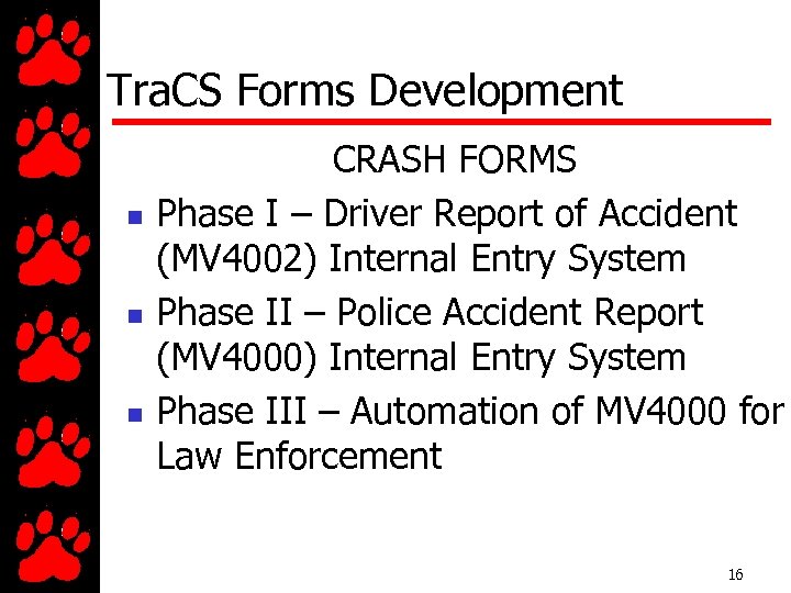 Tra. CS Forms Development n n n CRASH FORMS Phase I – Driver Report