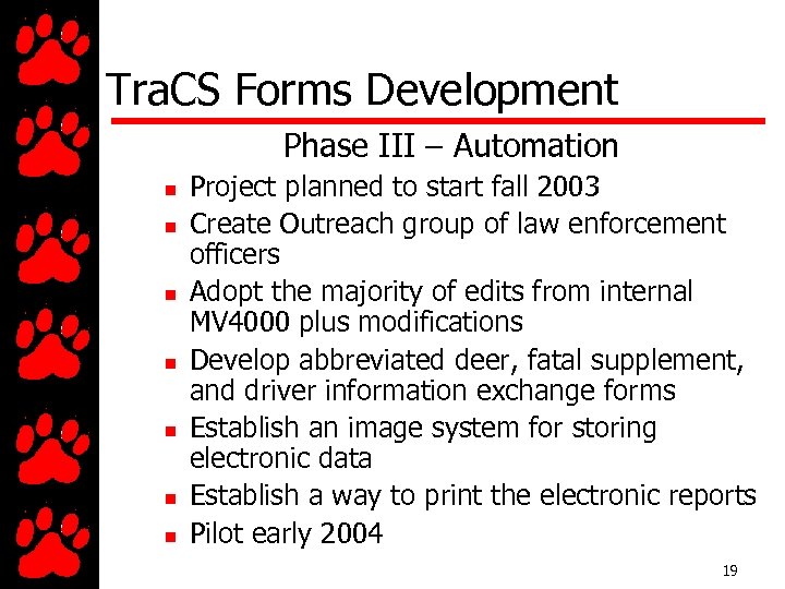 Tra. CS Forms Development Phase III – Automation n n n Project planned to