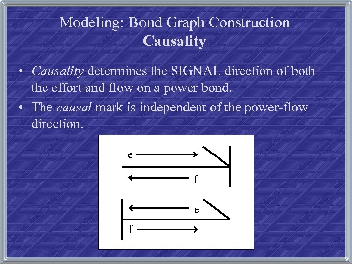 Modeling: Bond Graph Construction Causality • Causality determines the SIGNAL direction of both the