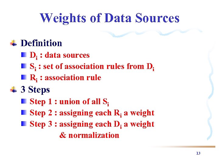 Weights of Data Sources Definition Di : data sources Si : set of association