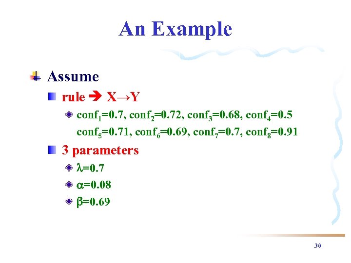 An Example Assume rule X→Y conf 1=0. 7, conf 2=0. 72, conf 3=0. 68,