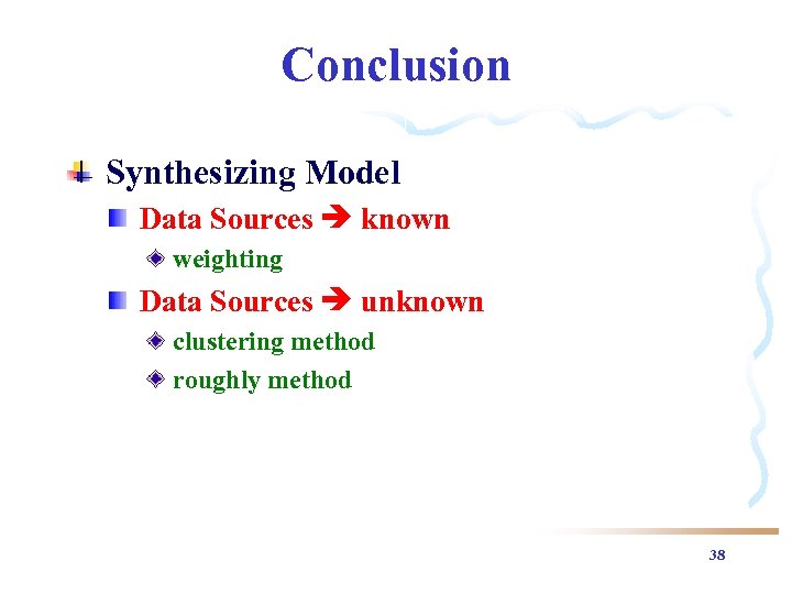 Conclusion Synthesizing Model Data Sources known weighting Data Sources unknown clustering method roughly method
