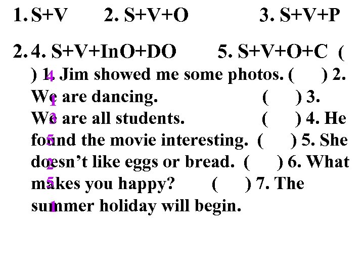 1. S+V 2. S+V+O 2. 4. S+V+In. O+DO 3. S+V+P 5. S+V+O+C ( )
