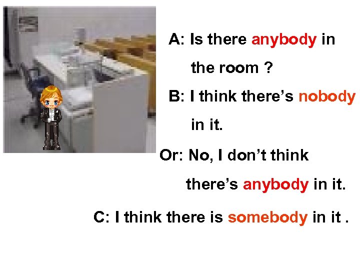 A: Is there anybody in the room ? B: I think there’s nobody in