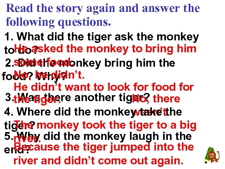 Read the story again and answer the following questions. 1. What did the tiger