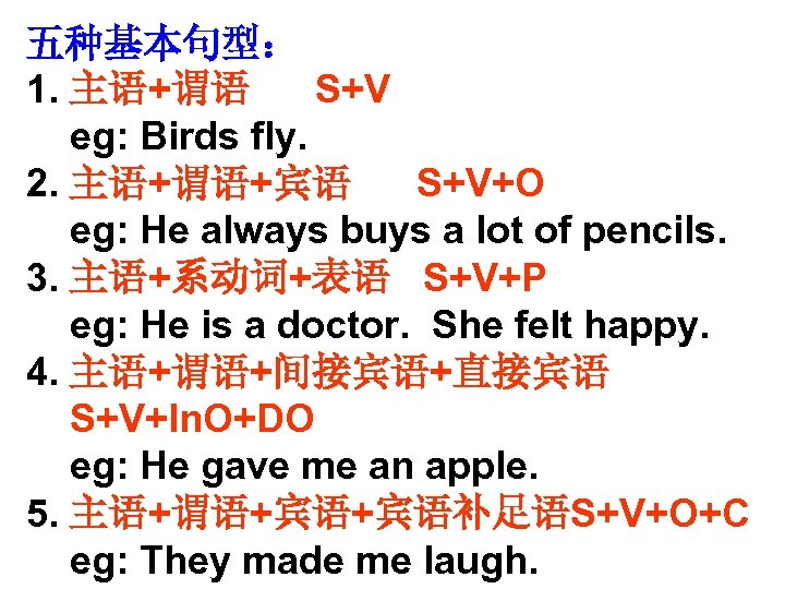 五种基本句型： 1. 主语+谓语 S+V eg: Birds fly. 2. 主语+谓语+宾语 S+V+O eg: He always buys