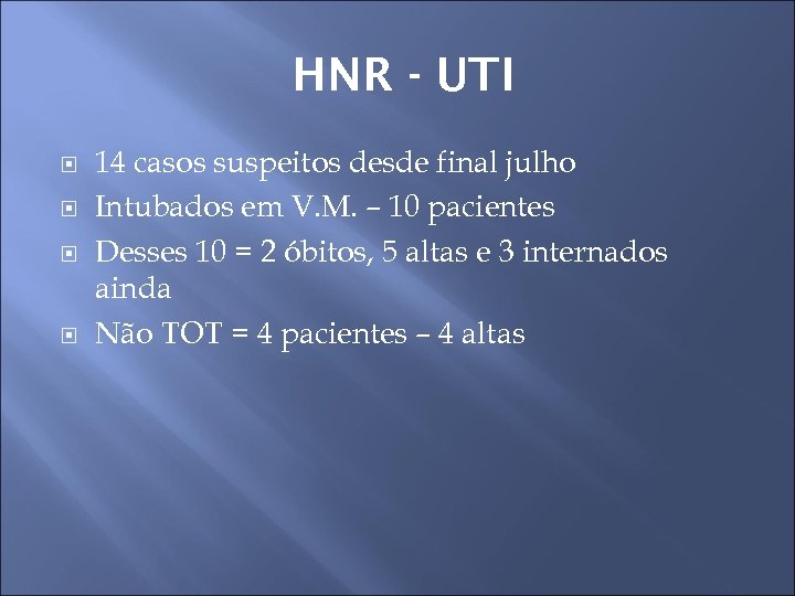 HNR - UTI 14 casos suspeitos desde final julho Intubados em V. M. –