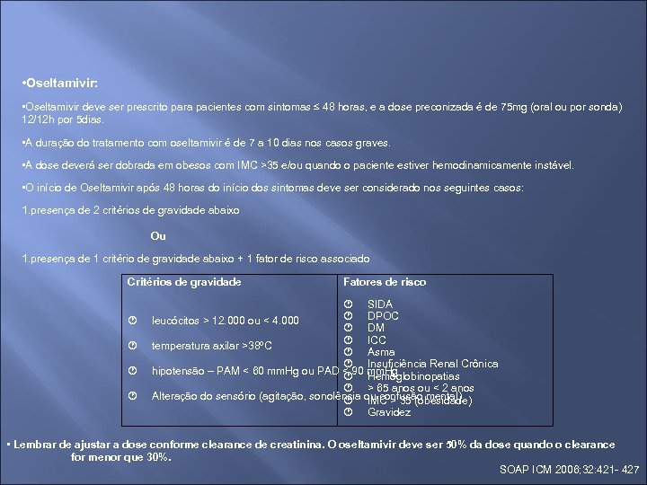  • Oseltamivir: • Oseltamivir deve ser prescrito para pacientes com sintomas ≤ 48