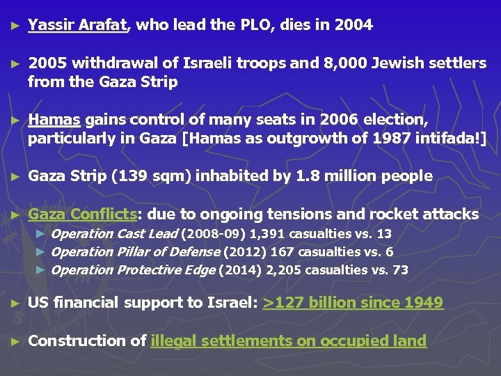 ► Yassir Arafat, who lead the PLO, dies in 2004 ► 2005 withdrawal of