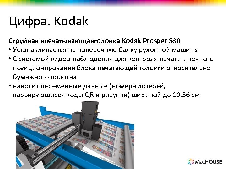 Цифра. Kodak Струйная впечатывающаяголовка Kodak Prosper S 30 • Устанавливается на поперечную балку рулонной