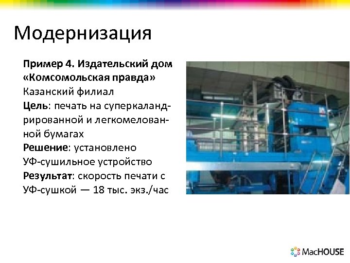 Модернизация Пример 4. Издательский дом «Комсомольская правда» Казанский филиал Цель: печать на суперкаландрированной и