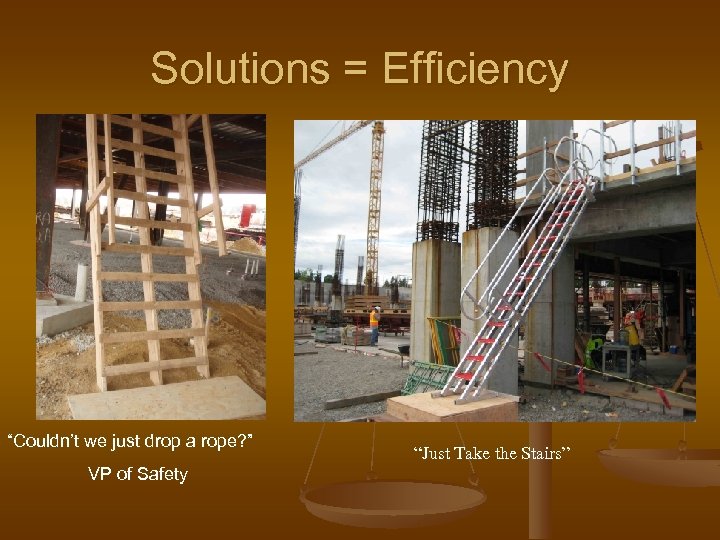 Solutions = Efficiency “Couldn’t we just drop a rope? ” VP of Safety “Just