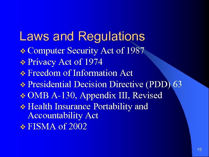 Laws and Regulations v Computer Security Act of 1987 v Privacy Act of 1974