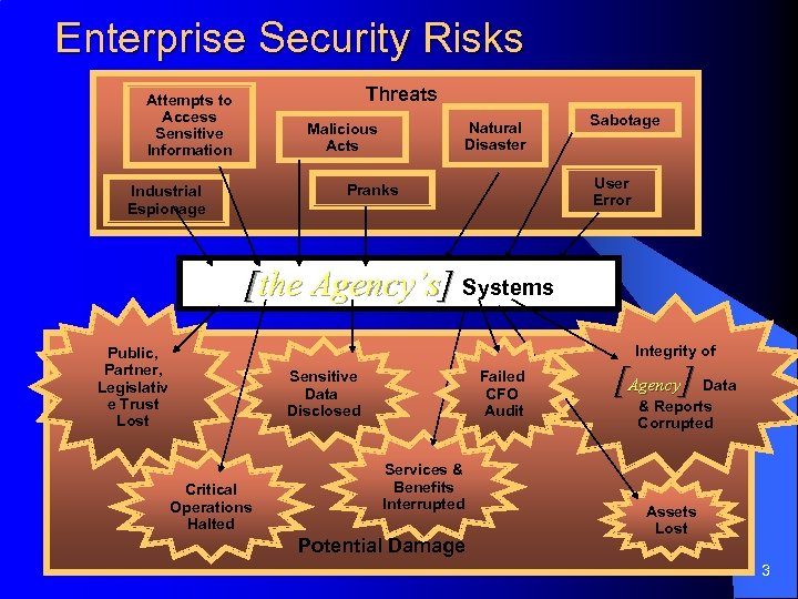 Enterprise Security Risks Threats Attempts to Access Sensitive Information Natural Disaster Malicious Acts User