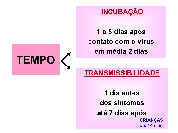 INCUBAÇÃO TEMPO 1 a 5 dias após contato com o vírus em média 2