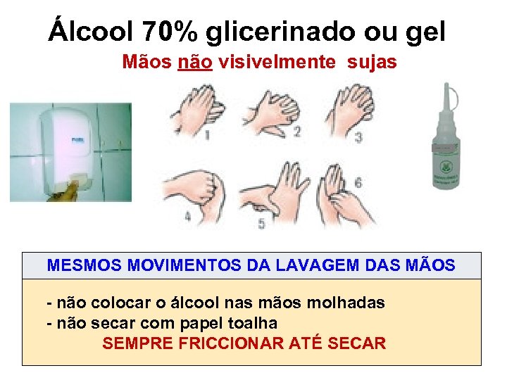 Álcool 70% glicerinado ou gel Mãos não visivelmente sujas MESMOS MOVIMENTOS DA LAVAGEM DAS