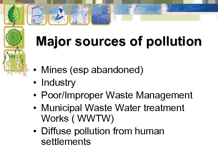 Major sources of pollution • • Mines (esp abandoned) Industry Poor/Improper Waste Management Municipal