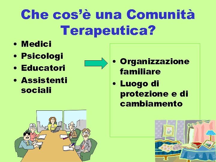  • • Che cos’è una Comunità Terapeutica? Medici Psicologi Educatori Assistenti sociali •