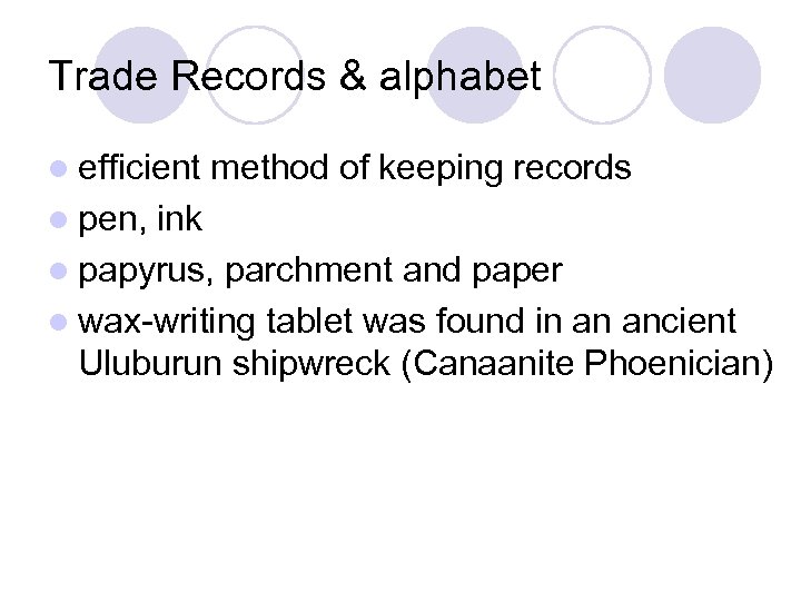 Trade Records & alphabet l efficient method of keeping records l pen, ink l