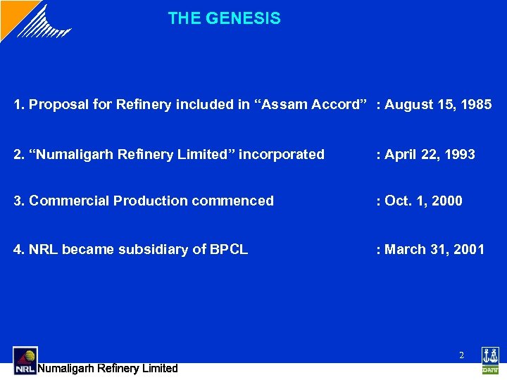THE GENESIS 1. Proposal for Refinery included in “Assam Accord” : August 15, 1985