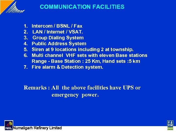 COMMUNICATION FACILITIES 1. 2. 3. 4. 5. 6. Intercom / BSNL / Fax LAN