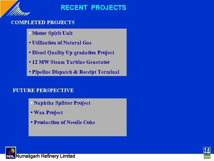 RECENT PROJECTS COMPLETED PROJECTS • Motor Spirit Unit • Utilization of Natural Gas •