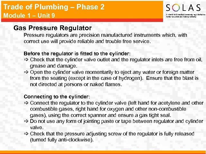Trade of Plumbing – Phase 2 Module 1 – Unit 9 Gas Pressure Regulator