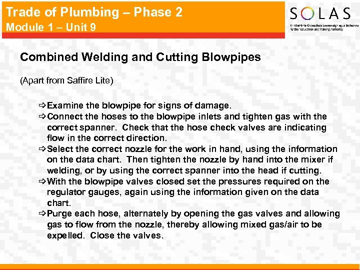 Trade of Plumbing – Phase 2 Module 1 – Unit 9 Combined Welding and